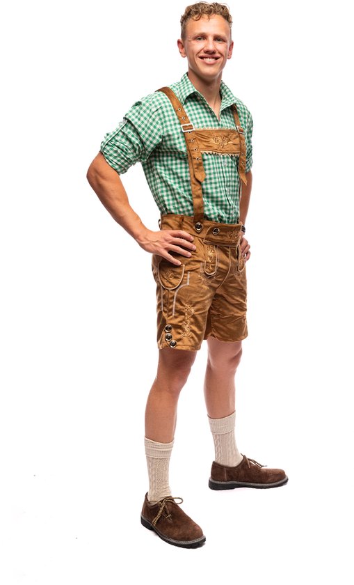 Samex® - Lederhosen Man + Blouse - Compleet Oktoberfest Kostuum Heren - Korte Lederhose - Verkleedkleren mannen - Carnavalskleding - Bruin/Groen - Maat S