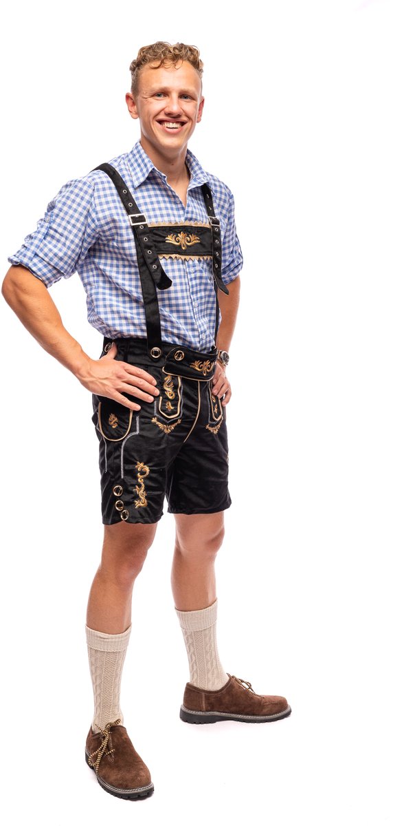 Samex® - Lederhosen Man + Blouse - Compleet Oktoberfest Kostuum Heren - Korte Lederhose - Verkleedkleren mannen - Carnavalskleding - Zwart/Blauw - Maat XL