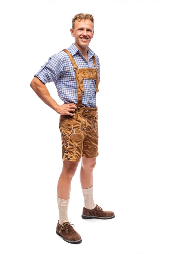 Samex® - Lederhosen Man + Blouse - Compleet Oktoberfest Kostuum Heren - Korte Lederhose - Verkleedkleren mannen - Carnavalskleding - Bruin/Blauw - Maat M