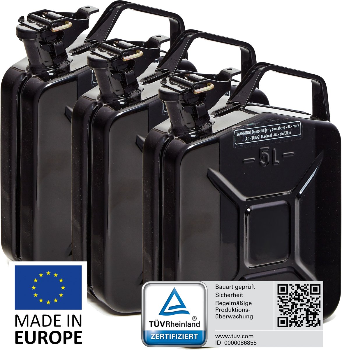 BW® Fuel Canister Metalen Benzineblik - Jerrycan 3x 5 Liter - Zwart - TÜV-getest en UN-goedgekeurd - Gemaakt in Europa