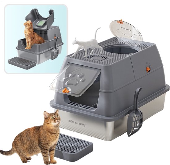 Bac à litière XXL en acier inoxydable avec couvercle, pelle et évacuation des graviers - Bac à litière pour petits et grands Chats - Toilettes anti-fuites