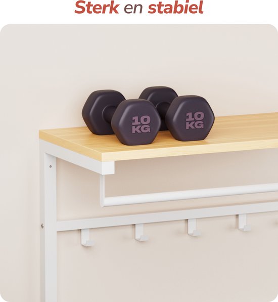 Wandkapstok met lichte houten plank, witte stang, en 10 witte haken. Twee dumbbells van 10 kg.
