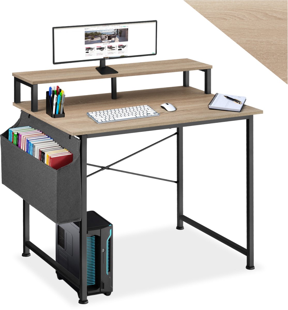 Tectake Bureau met opbergtas en monitorstandaard - Computerbureau - Houten bureaublad - Industrieel design - Zwart metalen frame - Afmetingen (LxBxH) 120 x 55x 90 cm - Lichtbruin