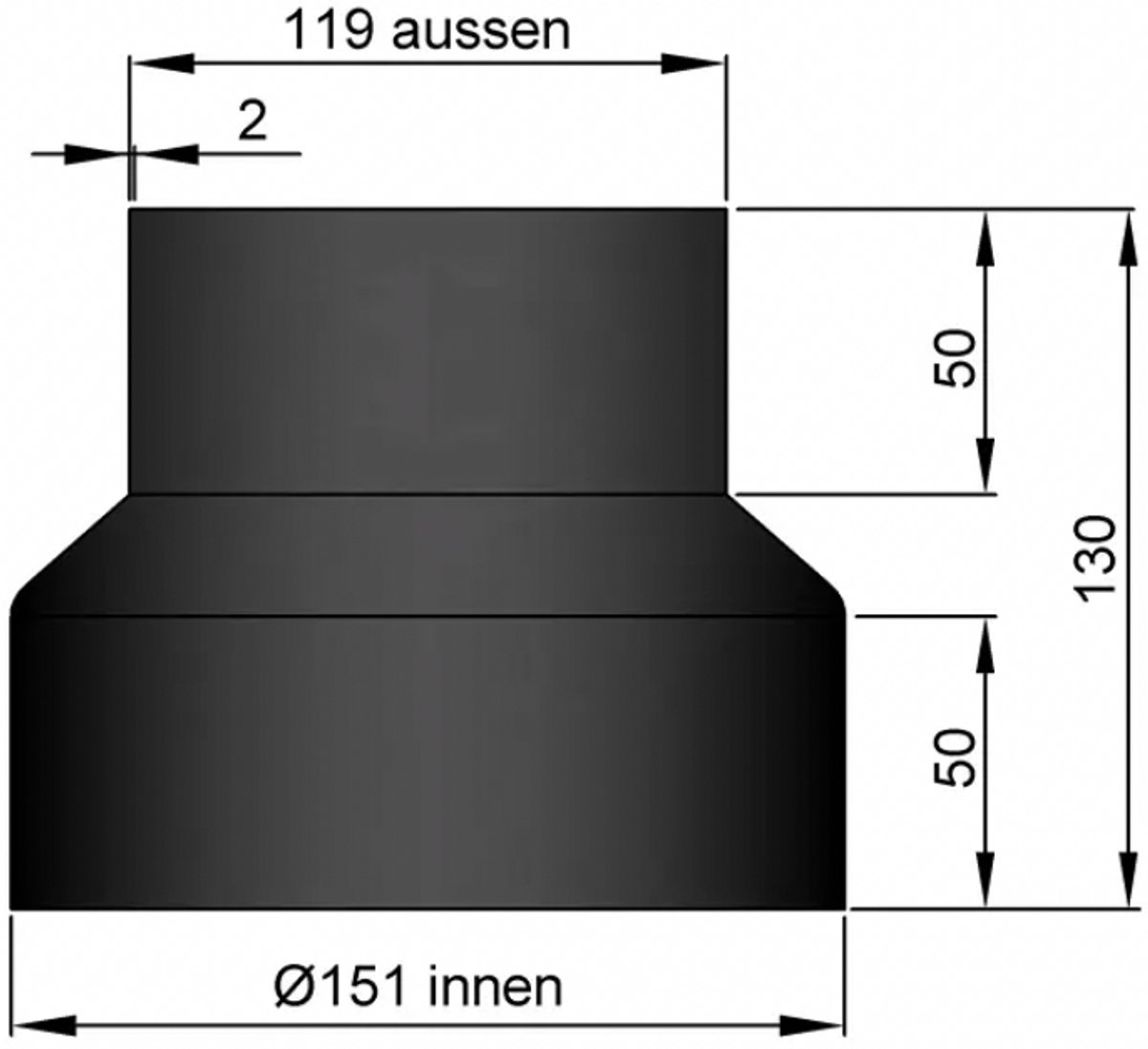 Kachelpijp verloop 150 -120 mm - zwart - 2 mm staal dikwandig