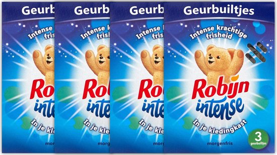 Blauwe verpakking met teddybeer en "Robijn intense" logo. "Geurbuiltjes intense krachtige frisheid" is te lezen.