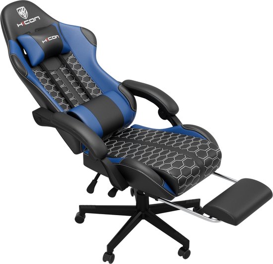 Geleunende blauwe en zwarte HICON gamerstoel met hexagon patroon, witte stiksels en uittrekbare voetsteun.