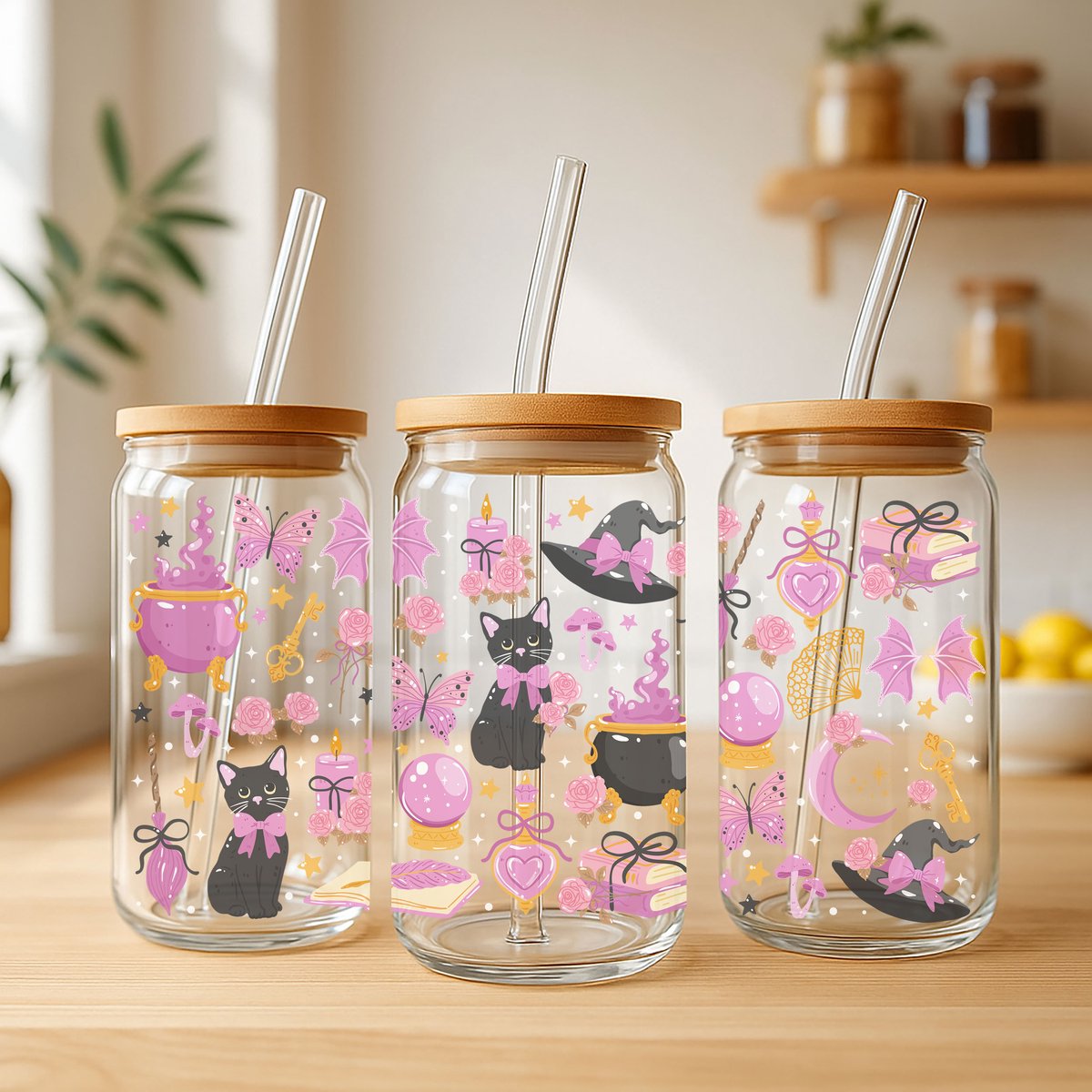 Creasowl® Witchy Coquette Halloween Glas met Deksel & Rietje – Esthetische Beker 500ml
