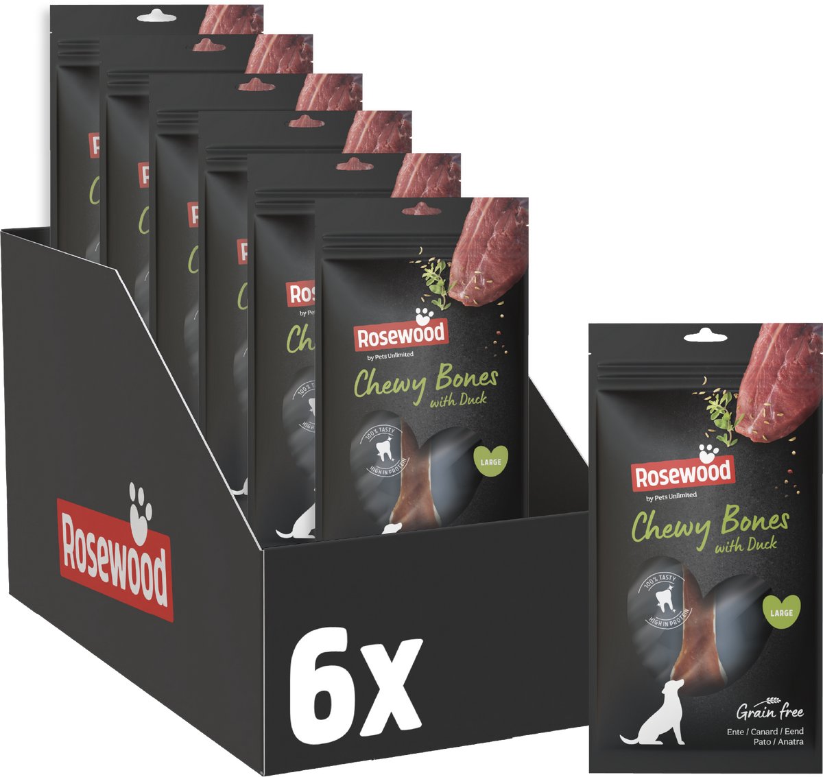 Rosewood Chewy Bones Eend Large - Kauwkluiven voor Grote Honden - Met Eend & Runderhuid - Eiwitrijk - Zonder Kunstmatige Toevoegingen - 6 zakjes à 90g