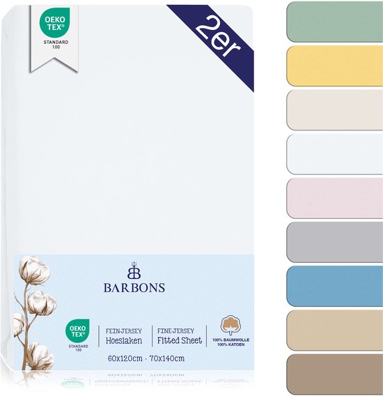 Wit ledikant hoeslaken 2-pak, 100% katoen, Oeko-Tex Standard 100 gecertificeerd. Verkrijgbaar in diverse kleuren.