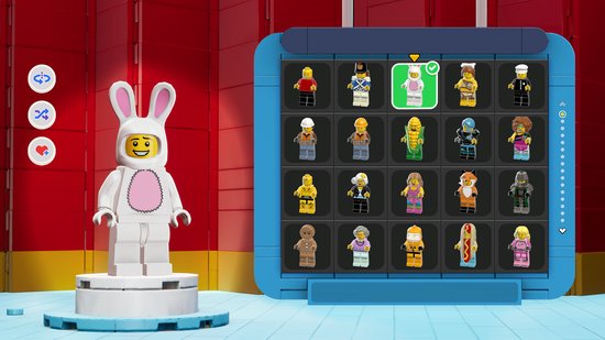 Een LEGO-personage in een konijnenkostuum staat naast een blauw scherm met LEGO Minifiguren.