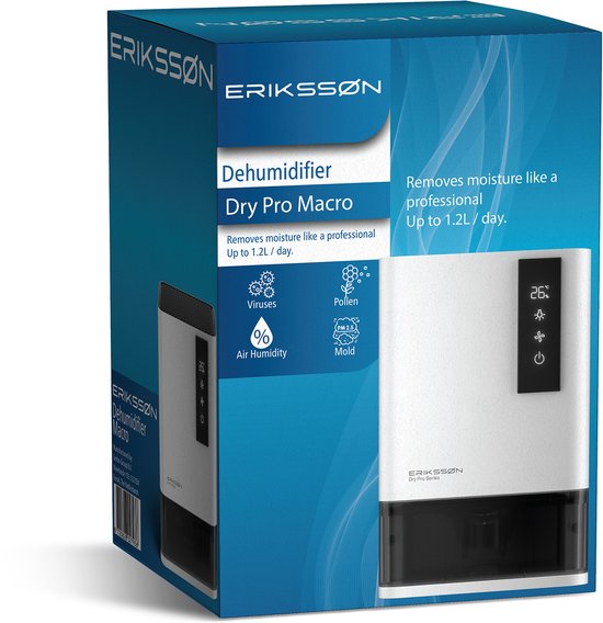Erikssøn Dry Pro Macro luchtonvochtiger met een productdoos. Doos toont "Verwijdert vocht als een professional".