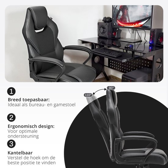 Zwarte bureaustoel in een gamer-opstelling met een bureau, monitor en luidsprekers. De stoel wordt getoond in een schuine positie (110 graden) en een rechte positie (90 graden).