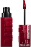Rode Maybelline Superstay Vinyl Ink lippenstift met applicator. De verpakking is rood met zilveren tekst.