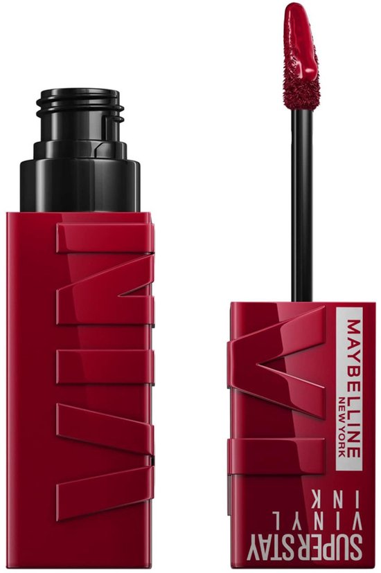 Rode Maybelline Superstay Vinyl Ink lippenstift met applicator. De verpakking is rood met zilveren tekst.