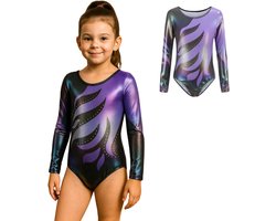 Joya Kids® Turnpakje Meisjes met Lange Mouwen | Zwart met Paars met Glitters en Strass Steentjes Ballet pakje | Gymnastiekpakje | Turnen | Turn Pakje | Maat 150