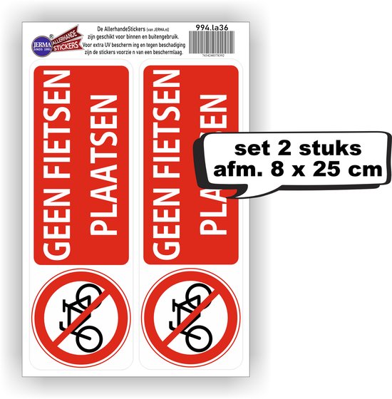 Jerma - Geen Fietsen plaatsen stickers - 2 stuks 8 x 25 cm -Vinyl - PVC vrij - zelfklevend
