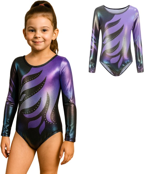 Joya Kids® Turnpakje Meisjes met Lange Mouwen | Zwart met Paars met Glitters en Strass Steentjes Ballet pakje | Gymnastiekpakje | Turnen | Turn Pakje | Maat 110