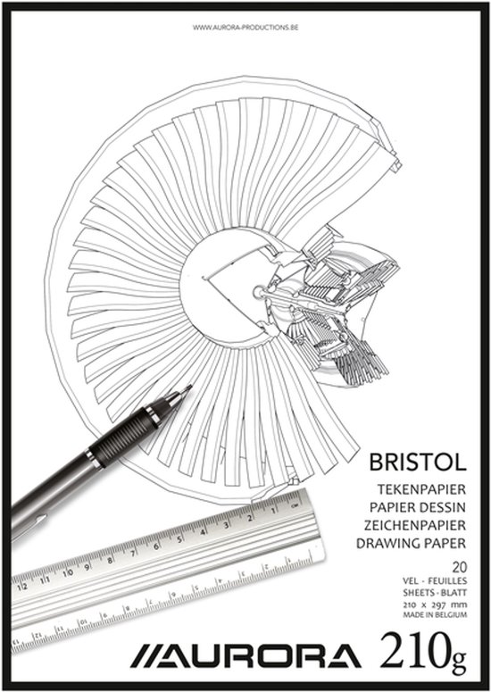 Glad Bristol tekenpapier A4 210g, 20 vel. Een pen en liniaal liggen op een schematische tekening van een mechanische schelp. Aurora logo.