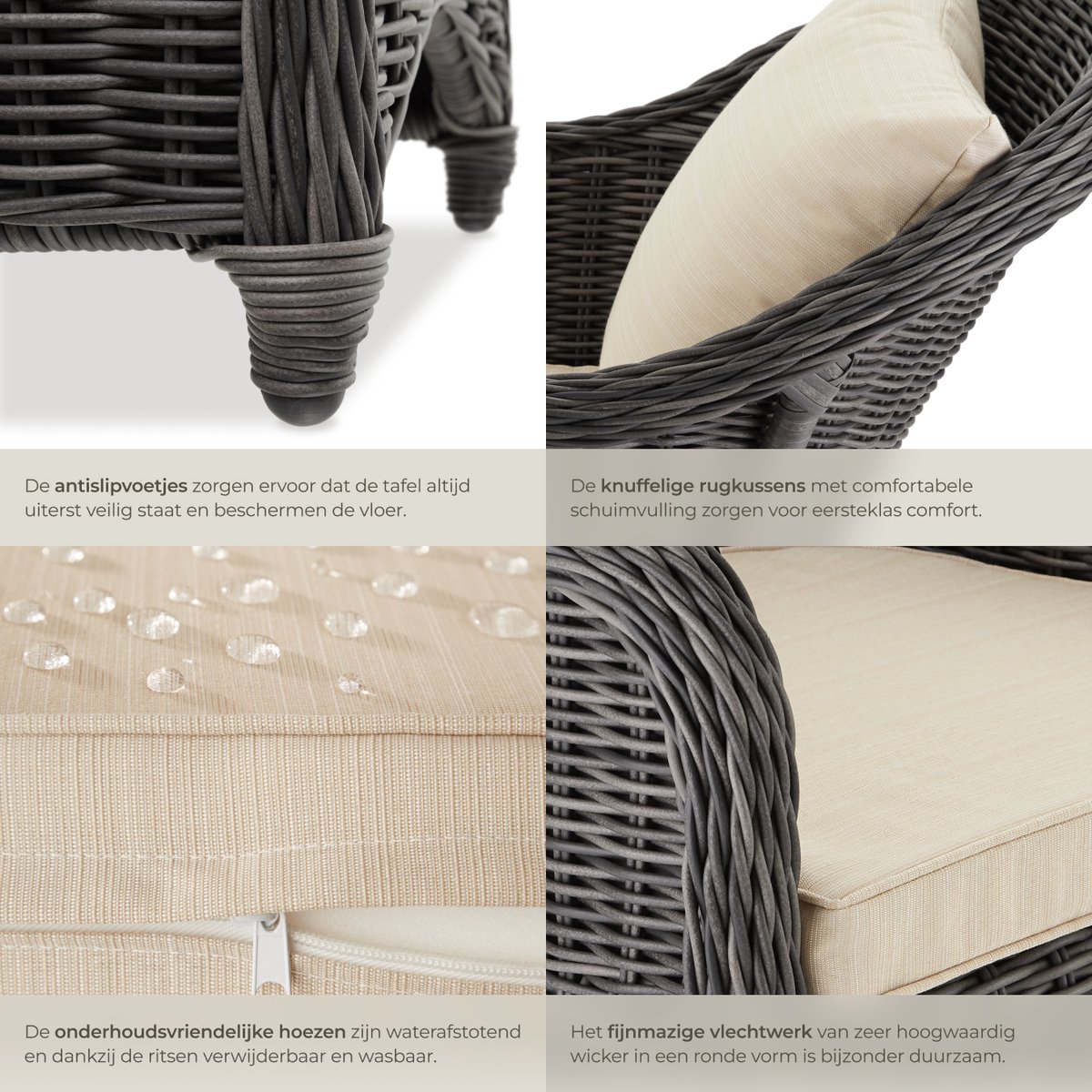 tectake® Set van 4 Wicker Stoelen - Polyrotan Tuinstoelen met Aluminium Frame - Rieten Buitenstoelen met Zachte Zitkussens - Weerbestendig voor Tuin, Terras, Balkon en Wintertuin - Grijs – foto 7
