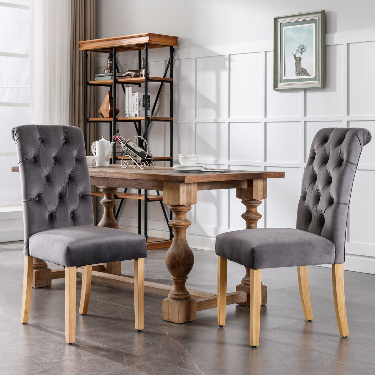 Fluwelen eetkamerstoel set van 2 met eiken poten - chroom knocker - slaapkamer stoel Keukenstoel Woonkamer lounge stoel - grijs