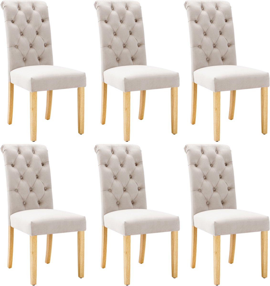 Fluwelen eetkamerstoel set van 6 met eiken poten - chroom knocker - slaapkamerstoel Keukenstoel Woonkamer loungestoel - beige