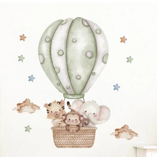 Muursticker 'Dieren in Luchtballon' - 70x70cm - Zelfklevend PVC - Olifant - Tijger - Aap - Babykamer - Kinderkamer - Ballon