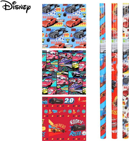 Papier cadeau - "Disney Cars" - (3 PIÈCES) - 200×70 cm - Thema course, dessin animé et design enfantin - Papier cadeau - Ludique - Coloré - Durable Papier cadeau - Papier cadeau Garçons