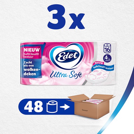 3 verpakkingen Edet Ultra Soft toiletpapier, 48 rollen totaal. Met "Nieuw SoftCloud textuur".