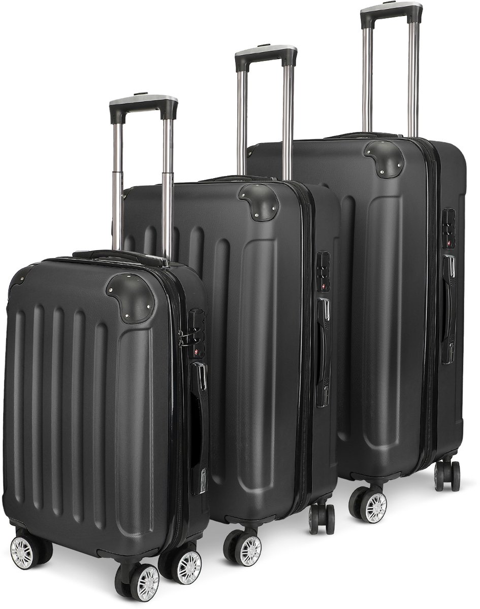 Kofferset - Set van 3 hardschalige reiskoffers, kofferset met cijferslot, 360° roulette, trolley kofferset, Zwart