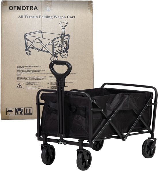 OFMOTRA Bolderkar - Opvouwbaar - 75KG Draagkracht - Draaibare wielen mét rem - met zwart kampeertafel - Verstelbare hendel - Bolderwagen - Transportkar - Handige opbergvakken - Zwart/Walnoot