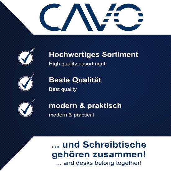 Logo 'CAVO' met teksten over hoge kwaliteit, beste kwaliteit en modern & praktisch.