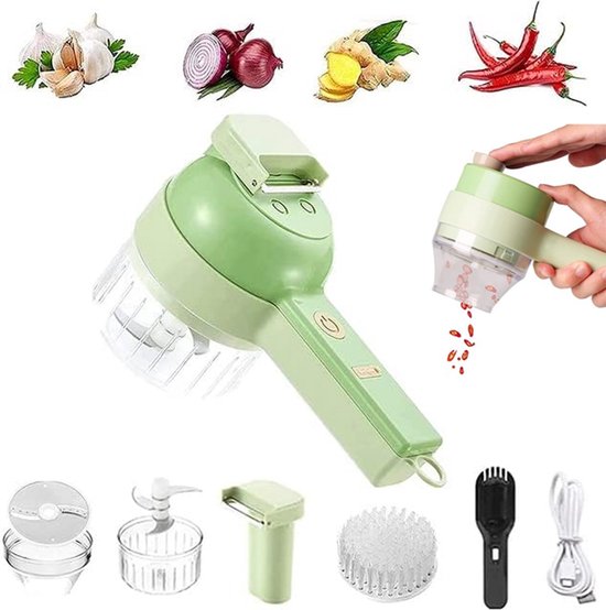 Hachoir à légumes électrique - Mini mixeur électrique - Coupe-légumes - Design ergonomique - Coupe-légumes électrique portable 4 en 1 - Vert