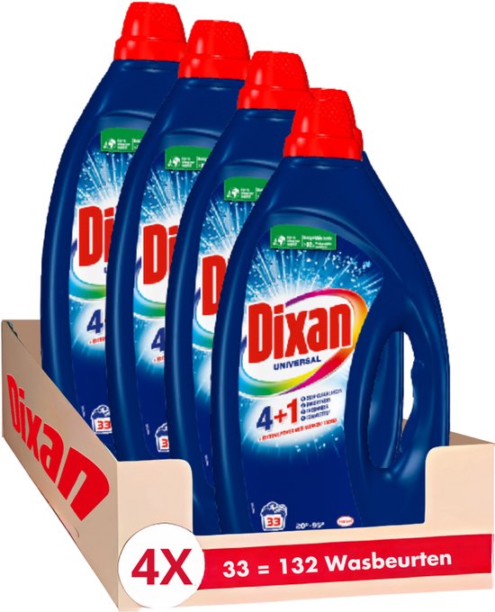 Dixan - Gel Universal - Verwijdert Vlekken - Voor Alle Kleuren - Betrouwbare Reiniging - Wasmiddel - Voordeelverpakking - 33WL x4