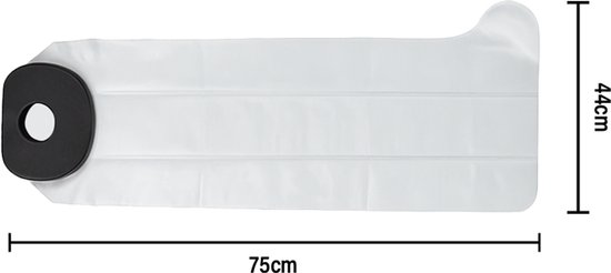 Doorzichtige beenhoes, 75cm lang, 44cm breed, met zwarte afdichting.