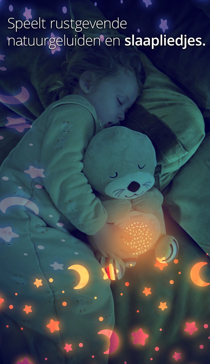 LUVION® Otter Knuffel - Sterrenhemelprojector - White noise machine voor baby en kind - Interactieve knuffel 30cm met hartslag geluid, slaapliedjes en sterrenhemel projector — afbeelding 3