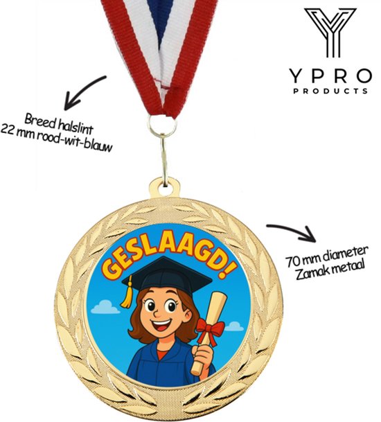 Geslaagd Medaille voor Meisjes – Goudkleurig – 70 mm – Met Rood-Wit-Blauw Halslint – Perfect Cadeau voor een Geslaagde!