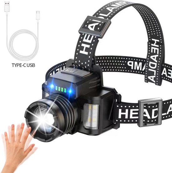 Techsuit - Lampe frontale (HL-A-02) - Batterie 18650, lumière LED 3 couleurs 30W - Zwart