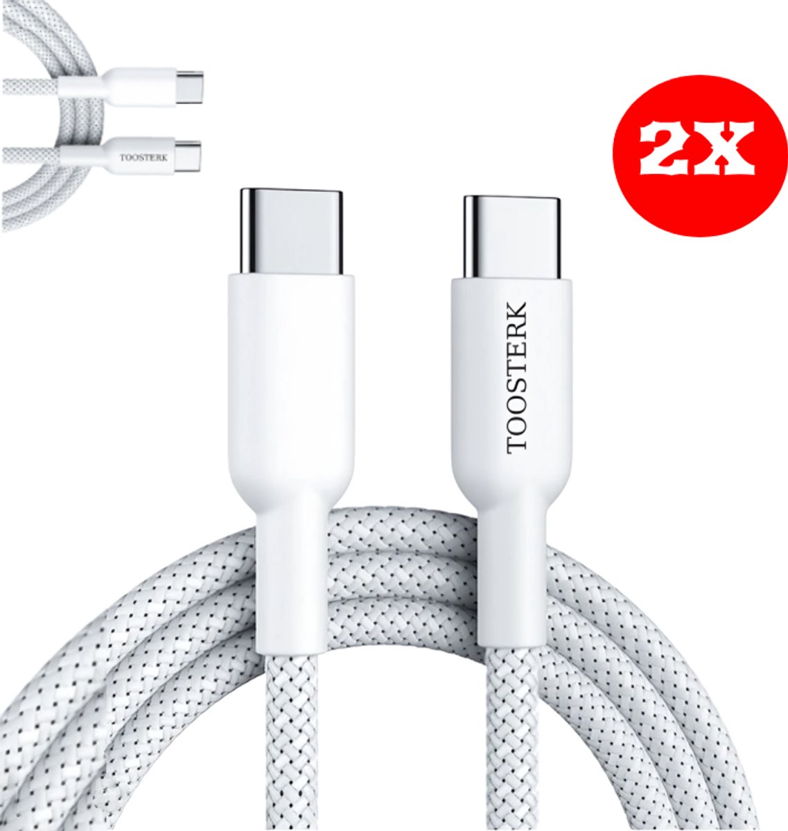 USB-C naar USB-C kabel 60W – Snelladekabel van versterkt gevlochten nylon – Snel en veilig opladen – 1 meter -2 stuks
