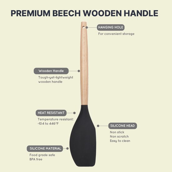 Ensemble de cuisine Premium 12 pièces - Batterie de cuisine en Siliconen avec Poignées en bois | Sans BPA et résistant à la chaleur (300°C) | Comprend 9 Tools + support de rangement (Zwart)