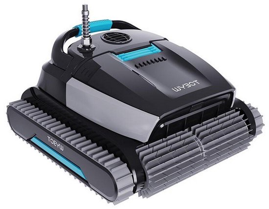 Zwarte robotstofzuiger met grijze rupsbanden, blauwe handgreep en 'WYBOT' logo op de zijkant.