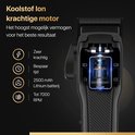 Zwarte tondeuse met open behuizing, zichtbare krachtige motor en lithium batterij, 7000 RPM.