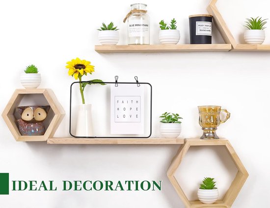 Zes houten hexagonale wandplanken met diverse decoraties, waaronder planten, een vaas met zonnebloem, een kaars en een uil.