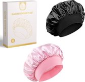 BeBliss Satijnen Bonnet Set - 2 stuks - Roze & Zwart - Inclusief Opbergzakje - Satijnen Slaapmuts - Haarnetje - Haarverzorging