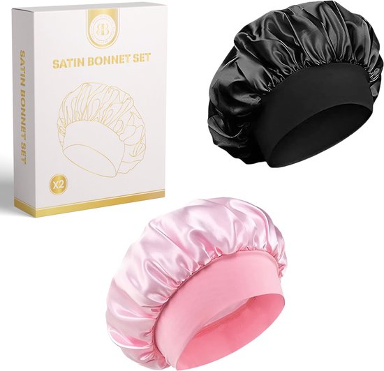 Doos met "Satin Bonnet Set" en een zwarte en roze satijnen slaapmuts.