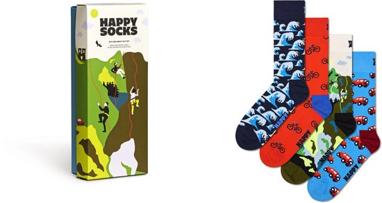 Een Happy Socks geschenkdoos met vier paar sokken: met golven, fietsen, bergen en auto's.