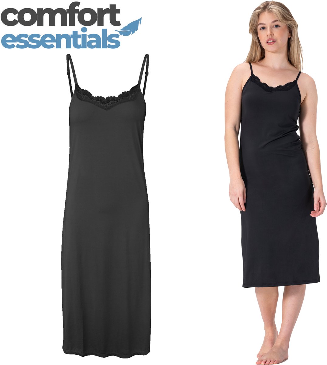 Comfort Essentials - Onderjurk Zwart - Lang Met Kant - XXL/XXXL - EU 44-46 - Spaghetti Bandjes - Nachthemd -Nachtjapon - Microfiber - Slipdress - Anti-statisch