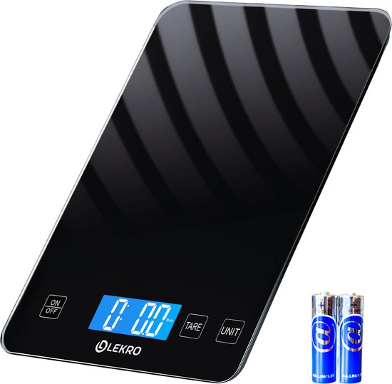 Lekro Digitale Precisie Keukenweegschaal – Weegschaal Keuken - 1gr-15kg – Tarra Functie - Zwart