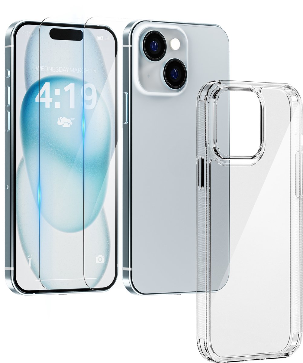 Hoesje geschikt voor iPhone 15 Transparant - 2x screenprotector - beschermglas screen protector- Anti Shock hoes case