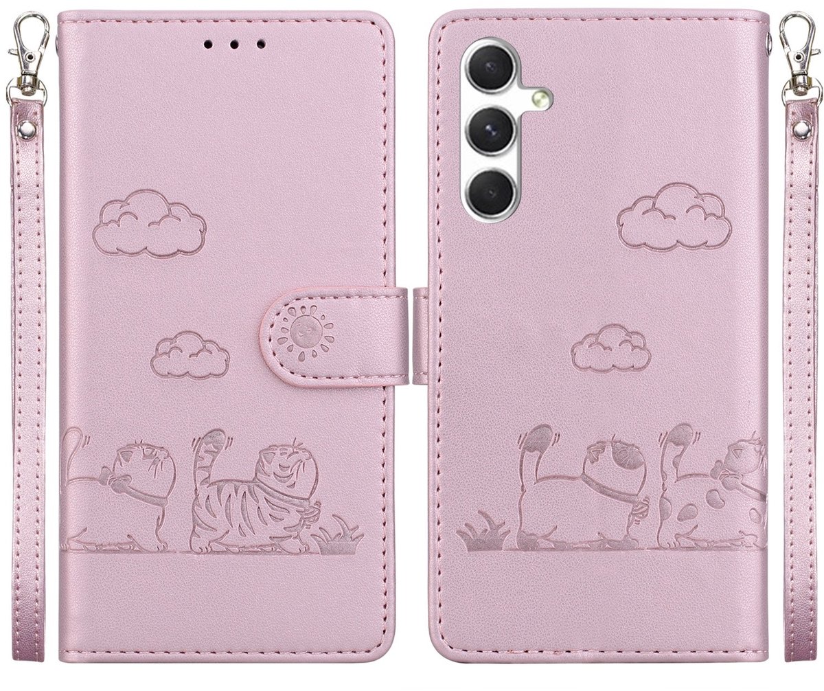 BoekCover Hoes Etui geschikt voor Samsung Galaxy S24 - S25 - Roze - Cartoon Cats - Kat - Reliëf