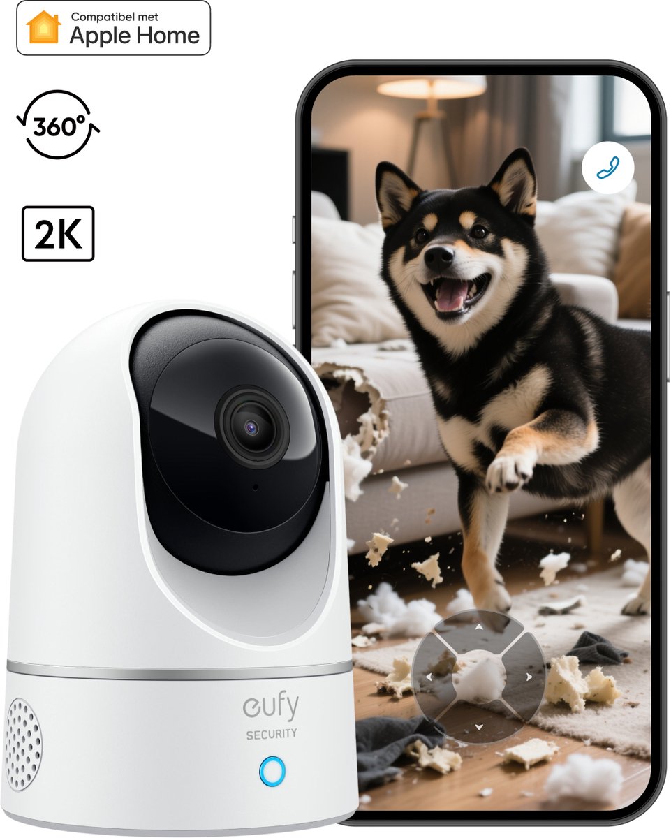 eufy Security Binnencamera 2K Pan & Tilt - Indoor Cam - Huisdiercamera - Petcam ; 2K-resolutie - Panoramische en kantelfunctie - Nachtzicht - Bewegings- en geluidsdetectie - Tweerichtingsaudio - Compatibel met Amazon Alexa en Google Assistant